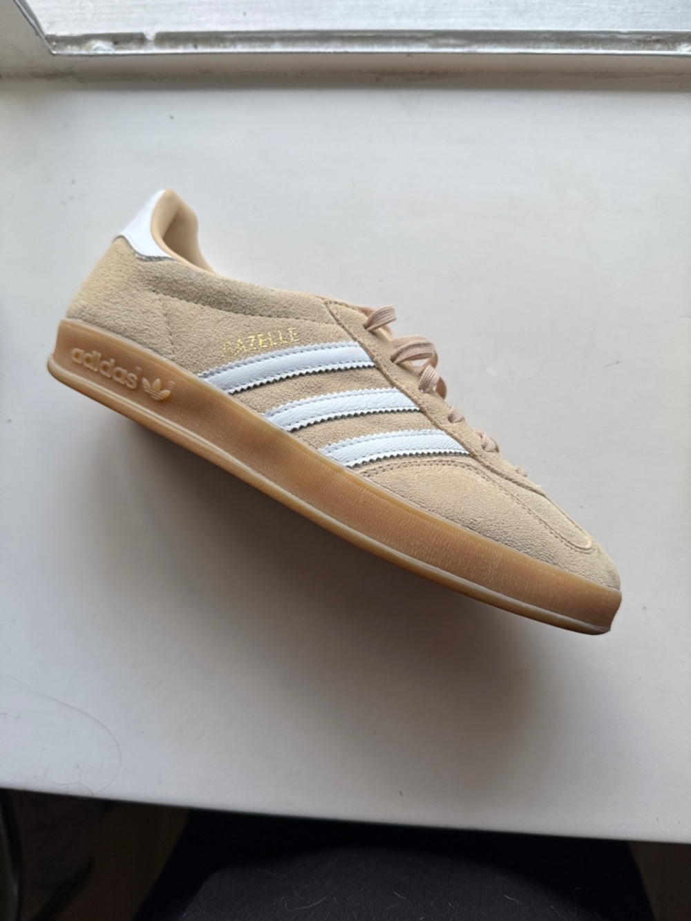 adidas Women’s Beige Suede Sneakers with White Stripes and Light Tan Lining
